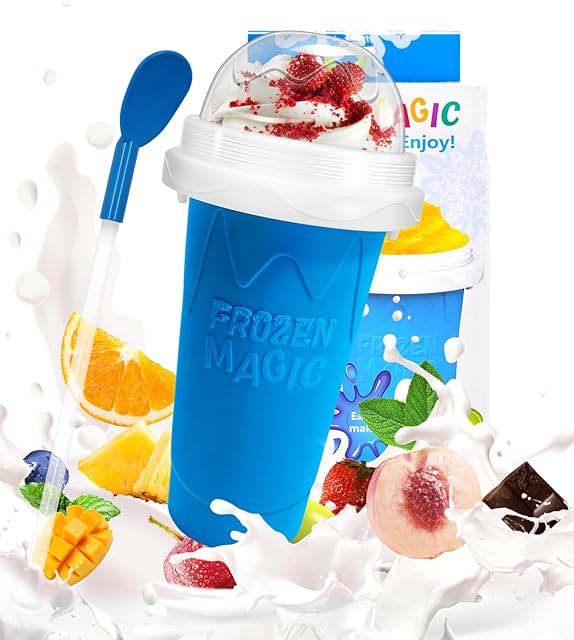 Bollove Slushy Maker Cup, DIY Magic Slushy Maker Squeeze Cup, Portable Smoothie Squeeze Cup for Juices, Milk and Ice Cream Make, Double Layers Silica Cup with Lid & Straw (Blue), 7.87*4.33in