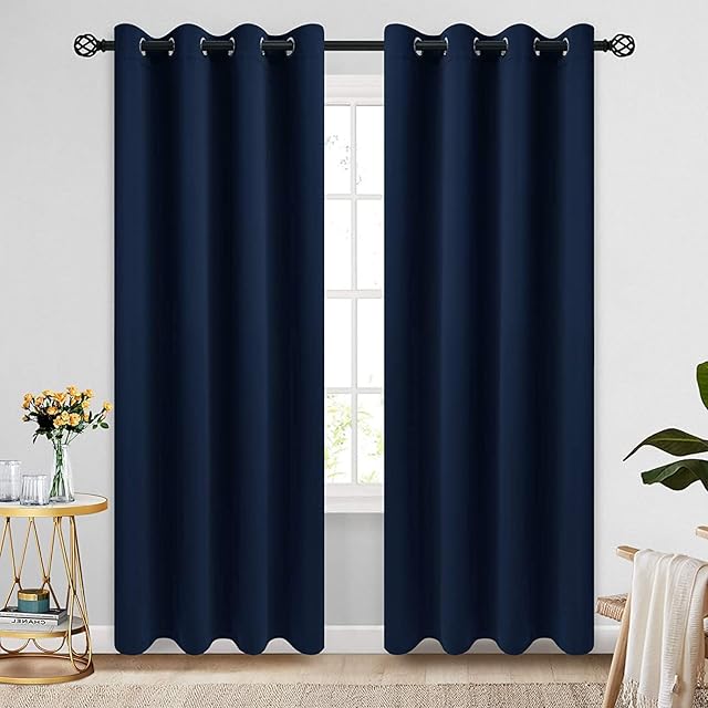 COSVIYA Grommet Blackout Room Darkening Navy Blue Curtains 84 inch Length 2 Panels,Thick Polyester Light Blocking Insulated Thermal Window Curtain Drapes for Bedroom/Living Room,52x84 inches