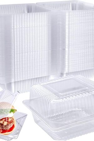 100 Pcs Clear Hinged Plastic Containers with Lids,Individual Cake Slice Containers,Square Plastic Food Container,Disposable Clamshell Take Out Containers for Cakes,Cookies,Pasta,Sandwiches,Salad