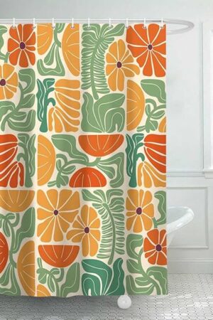 Boho Abstract Colorful Floral Shower Curtain, Vintage Retro Patchwork Orange Green Flower Botanical Geometric Aesthetic Groovy Bathroom Decor Shower Curtain Set with 12 Hooks, 70X70IN
