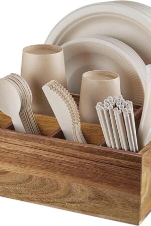 ALELION Acacia Wood Utensil Holder for Party - Paper Plate Organizer for Countertop - Silverware Caddy with 6 Compartments for Plate, Cup, Fork, Spoon - Cutlery Holder for Kitchen Camping Buffet