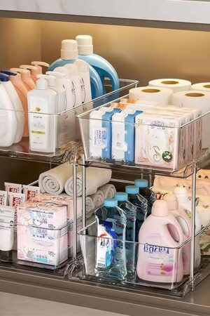 2 Pack Bathroom Organizers and Storage,2-Tier Clear Under Sink and Pull-Out Cabinet Organizer with Track for Kitchen, Pantry,Vanity Countertop,Medicine Cabinet,Closet Drawers Bins