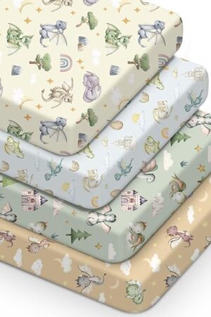 4 Pcs Watercolor Dragon Crib Sheet Set Newborn Bedding Nursery Baby Sheets for Girl Boys Baby Gifts for Standard Crib and Toddler Mattresses, 52 x 28 x 8 Inches