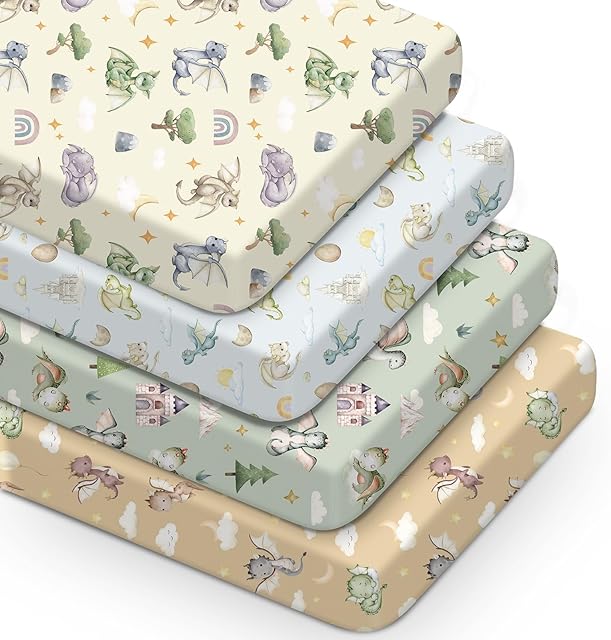 4 Pcs Watercolor Dragon Crib Sheet Set Newborn Bedding Nursery Baby Sheets for Girl Boys Baby Gifts for Standard Crib and Toddler Mattresses, 52 x 28 x 8 Inches