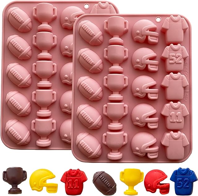 2PCS Football Chocolate Mold 20 Cavites Football Silicone Mold Sports Theme Silicone Candy Mold Helmet, and Jersey, Football Mold for Jello Gummy Ice Cube Cupcake Decorations