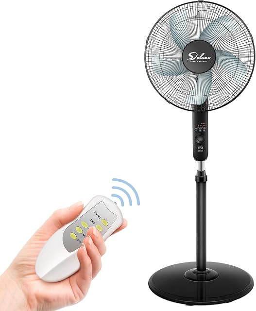Simple Deluxe 16 Inch Pedestal Stand Fan with 3 Speed Adjustable and Remote Control for Indoor, Bedroom, Living Room, Home Office & College Dorm Use, Black