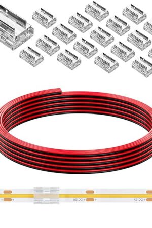 20 Pack 8-in-1 LED Strip Connectors with 6.6FT (2m) 20AWG Wires, for 8mm 2-Pin COB/SMD 2835/3528 LED Strips – Straight, Corner, Strip-to-Strip & Strip-to-Wire
