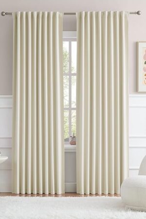 DUALIFE Cream Blackout Curtains 90 Inch Long 2 Panels Set Back Tab Loop Pocket Modern Drapes with Heading Tape Thermal Insulated Room Darkening Curtains for Living Room 52 x 90 Inch