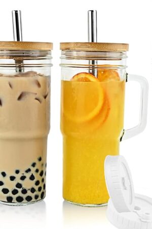 Birity 24oz Glass Cups with Lids and Straws,Glass Tumbler with Handle,2 set–Reusable Glass Ice Coffee Cups with Lid and Straw for Smoothies,Tea,Juice,Boba Cup for Cold & Hot Drinks,Travel Cup