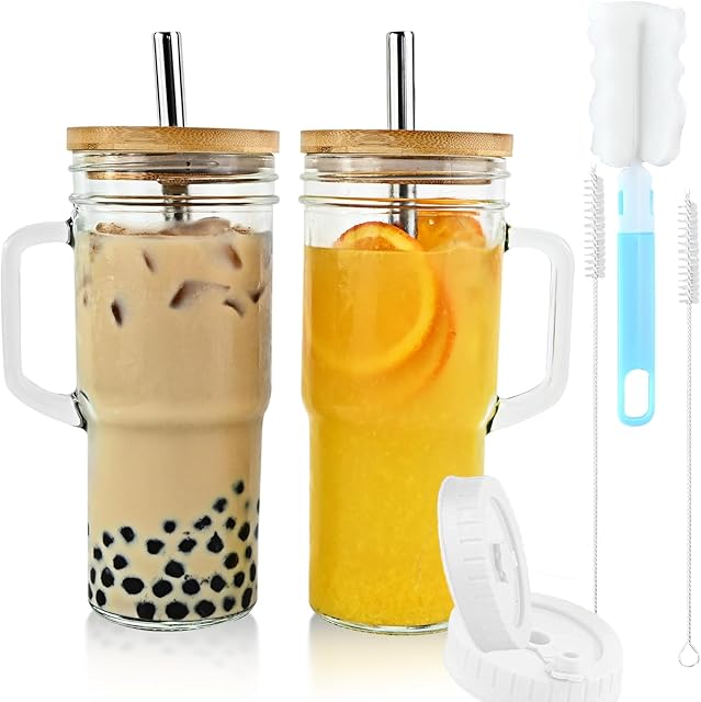 Birity 24oz Glass Cups with Lids and Straws,Glass Tumbler with Handle,2 set–Reusable Glass Ice Coffee Cups with Lid and Straw for Smoothies,Tea,Juice,Boba Cup for Cold & Hot Drinks,Travel Cup