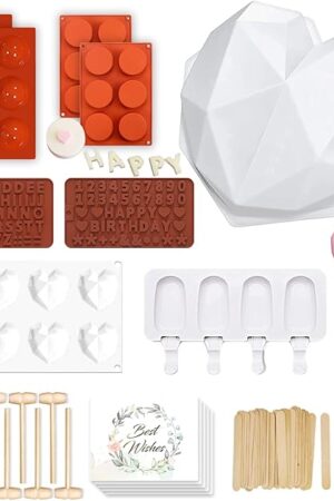 WhiteRhino Silicone Chocolate Heart Molds Set,Large Breakable ,2.6inch Hot Cocoa Bomb,Round Oreo Molds for Baking,Popsicle Cakesicle Molds,Letter Molds,Great Gift for Summer Vacation,Birthday