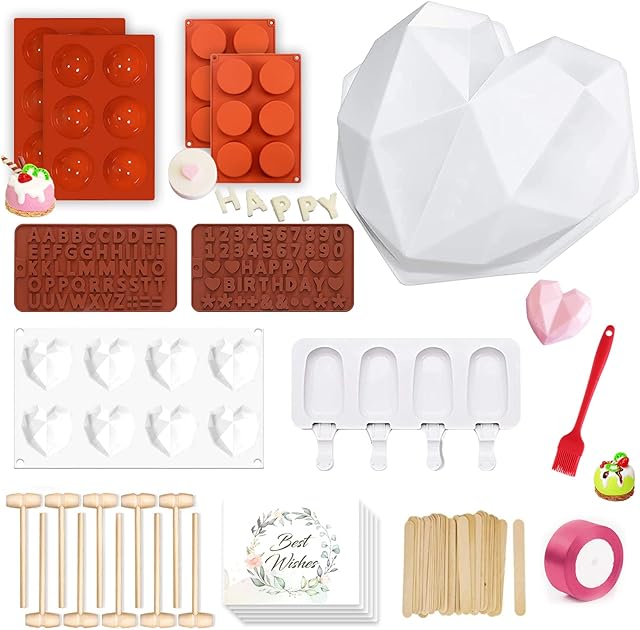 WhiteRhino Silicone Chocolate Heart Molds Set,Large Breakable ,2.6inch Hot Cocoa Bomb,Round Oreo Molds for Baking,Popsicle Cakesicle Molds,Letter Molds,Great Gift for Summer Vacation,Birthday
