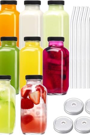 CUCUMI 10pcs 16oz Glass Juice Bottles with Lids, Reusable Juice Containers Drinking Jars Water Cups with Brush, Glass Straws, Lids with Hole