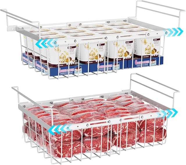 iSPECLE Chest Freezer Organizer - 2 Pack Hanging Freezer Organizer Bins with Expandable Handle for 10 to 20 Cu.Ft, Sort and Easy Slide to Get Bottom Frozen Food, Sturdy Baskets, White