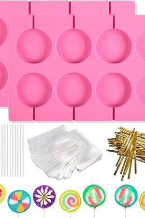 2Pcs 8 Capacity Silicone Lollipop Molds,Hard Candy Chocolate Sucker Mold with 20pcs 3.15 inch Lollypop Sucker Sticks,100pcs Candy Treat Bags,100pcs Gold Ties