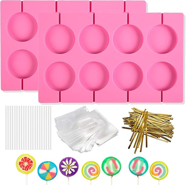2Pcs 8 Capacity Silicone Lollipop Molds,Hard Candy Chocolate Sucker Mold with 20pcs 3.15 inch Lollypop Sucker Sticks,100pcs Candy Treat Bags,100pcs Gold Ties