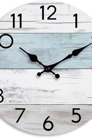 Wall Clock Silent Non-Ticking Wooden Clocks Battery Operated 8 Inch Small Country Retro Rustic and Beach Style Decorative for Kitchen, Home, Bathroom, Bedroom (Blue)
