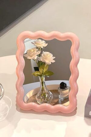 Wave Shaped Table Desk Vanity Makeup Mirror Portable Folding Cute Travel Make Up Mirror for Standing Hanging 6.7X5.3 Inch Home Decoration (Pink)