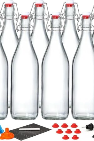 8 Pack [1 L / 33 fl. oz.] Swing Top Glass Bottles w/Airtight Stopper Lids – Flip Top Brewing Bottle for Fermentation, Kombucha, Mead, Vinegar, Beer, Kefir, Wine, Soda – With 8 Extra Seals & 2 Pourers