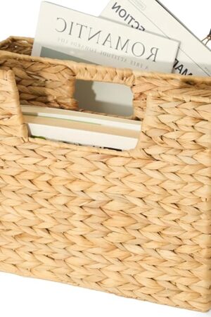 Wicker Magazine Basket, Handwoven Water Hyacinth Storage Bin & Organizer for Files, Books, Newspapers, Documents, Decorative Storage Bin with Handle for Office, Living Room, Dorm, Bathroom