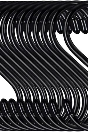 12 Pack 5 Inch S Hooks, Large Vinyl Coated Closet Hooks Non Slip Heavy Duty for Hanging, Rust Proof Steel Black Metal S Hooks for Hanging Jeans Plants Clothes Bag Purse Bird Feeder Pot Pan Cups Towel