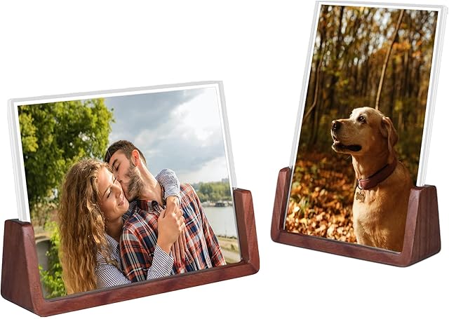 4x6 Picture Frame - 2 Pack, Rustic Wooden Photo Frame with Walnut Wood Base and High Definition Acrylic Glass Covers for Tabletop or Desktop Display (4x6 inch, Horizontal + Vertical)