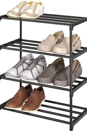 4-Tier Small Shoe Rack, Metal Stackable Kids Shoe Shelf Storage Zapateras Organizer,Narrow Shoe Rack Sturdy for Closet Hallway Entryway Living Room Bedroom (Black)