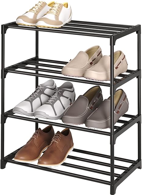 4-Tier Small Shoe Rack, Metal Stackable Kids Shoe Shelf Storage Zapateras Organizer,Narrow Shoe Rack Sturdy for Closet Hallway Entryway Living Room Bedroom (Black)