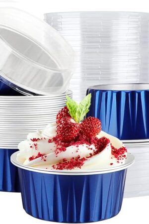 EUSOAR Mini Aluminum Pans with Lids, 30pcs 5oz Disposable Aluminum Foil Cupcake Liners Ramekins Baking Cups, Dessert Cups with Lids Aluminum Cheesecake Pan Creme Brulee Ramekins-Royal Blue