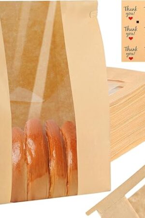 120 Bread Bags for Homemade Bread, Sourdough Bread Bag with Window 14" X 8.3" X 3.5" Large Paper Bakery Bags with Tin Tie Tab Lock Stickers for Food Cookies Packaging Storage