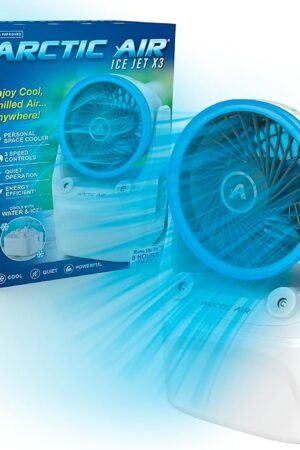 Arctic Air Ice Jet X3 Portable Air Cooler,Dual Mist Modes, Up to 8-Hour Cooling Time, 3-Speed Portable Cooler with Adjustable Airflow, USB C, LED Mood Light, Lightweight, Great for Home & Travel