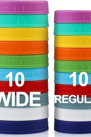 AOZITA 10 WIDE Mouth & 10 REGULAR Mouth Mason Jar Lids - 20 Pack Food Grade Plastic Mason Jar Caps for Ball, Kerr and More Canning Jars - Leakproof & Dishwasher Safe - Multicolor