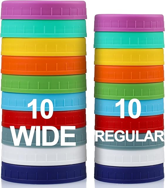 AOZITA 10 WIDE Mouth & 10 REGULAR Mouth Mason Jar Lids - 20 Pack Food Grade Plastic Mason Jar Caps for Ball, Kerr and More Canning Jars - Leakproof & Dishwasher Safe - Multicolor