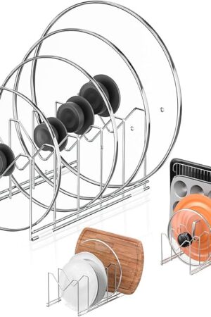 3 Pack Pot Lid Organizer for Cabinet, Stainless Steel Pot Lid Rack with Anti-slip Pad, Lid Holder for Pans Pots, Bakeware, Plates, Cookie Sheets, Trays, Dish, Cutting Boards, Silver
