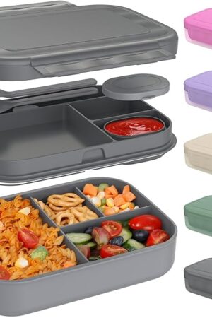 Caperci Stackable Bento Lunch Box for Adult & Teens - Reinforced Leak-Proof Lunch Container 4-Compartment with Utensils & Sauce Container, BPA-Free, Dishwasher/Microwave Safe, 47oz (Dark Gray)
