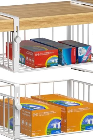 2Pack Under Shelf Basket Organizer,Adjustable Hanging Holder Storage for Cabinet Pantry Kitchen Cupboard Desk Counter Bookshelf Organization Add-on Space Saver Heavy Duty Slide-in,White