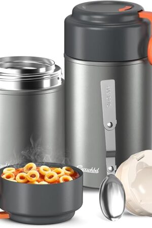 2-Pack Thermo for Hot Food (17oz & 27oz) - 10H Hot & Cold, Leakproof, Dishwasher Safe Insulated Food Container, Soup Thermo for Adults - with Spoons & Bags for Office, Travel(Grey)
