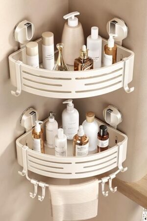 VOLPONE Corner Shower Caddy Suction Cup Shower Shelf Corner No Drilling Bathroom Shower Organizer Storage Rack Adhesive with Towel Bar (2-Pack, Ivory)