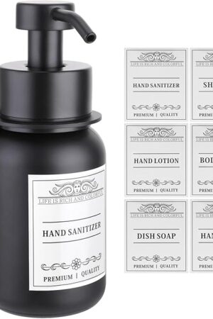 Black Soap Dispenser Wall Mount for Bathroom - 8.5 Oz Glass Hand Soap Dispenser with Pump and Drill-Free Wall Mount Holders, Shower Soap Dispenser with Waterproof Labels
