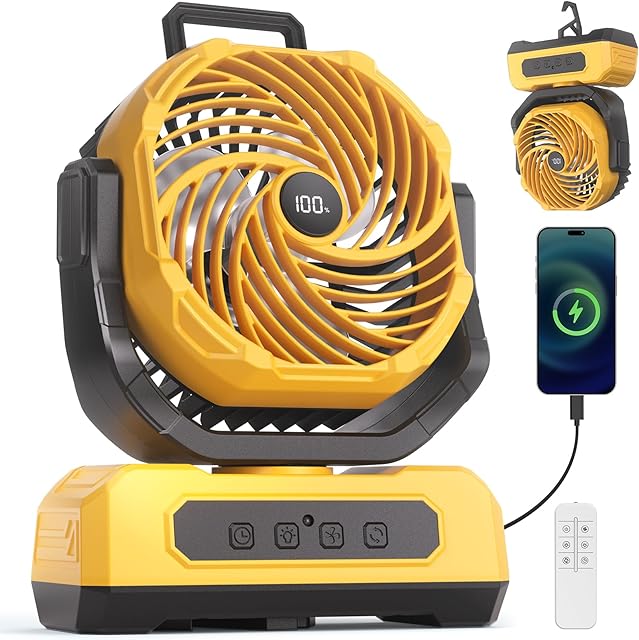 30000mAh Portable Camping Fan with RGB Lantern, Rechargeable Battery Powered Oscillating with 4 Wind Speeds LED Display, Remote Control Timer Tent Beach Cordless USB Fans for Travel Home Outdoor