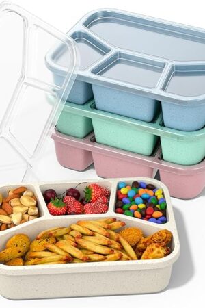 Bento Box Adult Lunch Box (4 Pack), 4-Compartment Meal Prep Container for Kids, Reusable Food Storage Containers with Transparent Lids, No BPA, Microwaveable (Wheat (Green/Blue/Pink/Beige))