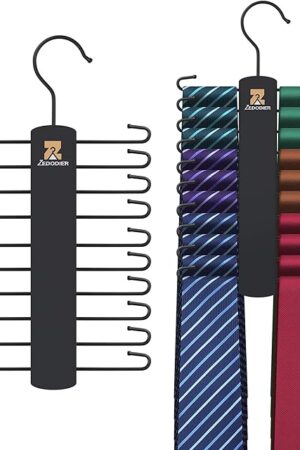 ZEDODIER 2 Pack Tie Hanger with 40 Hooks, Space Saving Necktie Organizer for Men, Large Capacity Tie and Belt Wooden Hanger for Closet, Black