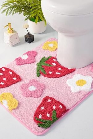 Anybar U-Shaped Toilet Rug 20x20'' - Super Soft Absorbent Bathroom Mat with Cute Strawberry & Flower Design, Non-Slip Quick-Dry Washable Contour Rug for Toilet, Bath Mats for Bathroom Decor（Pink）