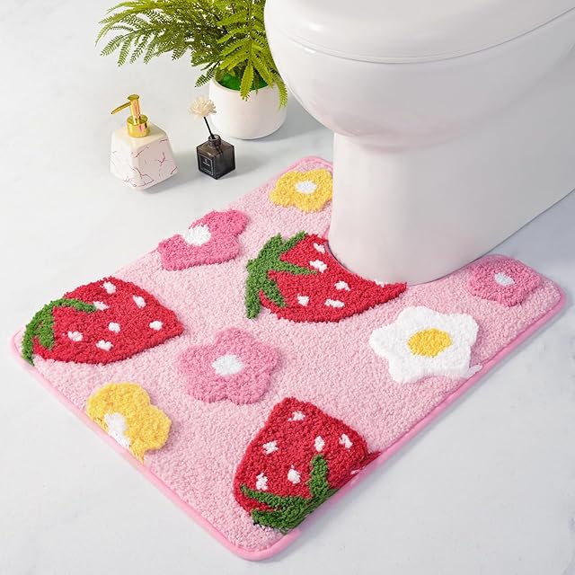 Anybar U-Shaped Toilet Rug 20x20'' - Super Soft Absorbent Bathroom Mat with Cute Strawberry & Flower Design, Non-Slip Quick-Dry Washable Contour Rug for Toilet, Bath Mats for Bathroom Decor(Pink)
