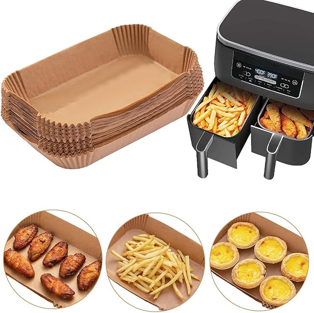 Air Fryer Disposable Paper Liner, 100 Pack Baking Paper for Ninja Foodi DZ201 DZ401 Dual Air Fryer, Food-Grade Non-Stick Waterproof Oil-Proof Parchment Liners (9 x 6 inch)