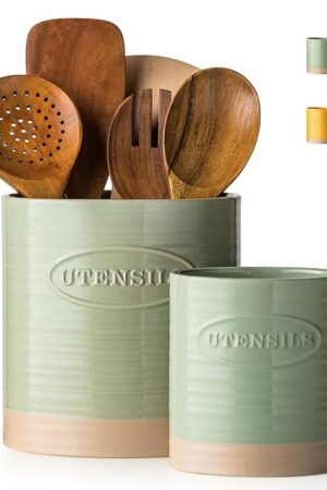 YHOSSEUN Kitchen Utensil Holder, 6.7"+5.1" Ceramic Utensil Holder for Kitchen Counter, Oval Cooking Utensil Crocks for Countertop, Utensil Storage Organizer Set of 2, Green