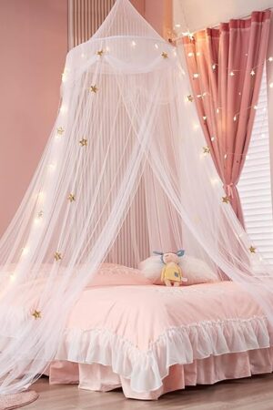 Bed Canopy with Lights for Girls,Gold Star Princess Crib Canopy Curtains,Extra Large Dome Mosquito Net Reading Nook Canopy for Kids Boys Twin Full Queen Size Bed,Fire Retardant Fabric