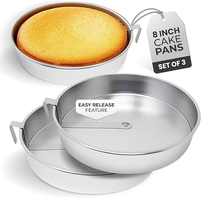 Easy Release 8 Inch Round Cake Pans, 3 Pack Silver by Aunt Shannon’s Kitchen with Built-in Swivel Blade, Baking Pans Set for 3 Tier Cakes, Dishwasher Safe