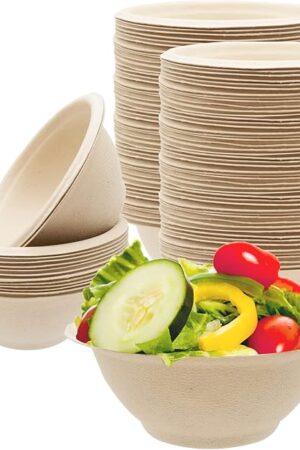 100 Pack 8oz Compostable Paper Bowls,Heavy-Duty Disposable Natural Bagasse Bowls,Biodegradable Soup Bowls,Eco-Friendly,Heat Resistant,for Ice Cream,Salad,Soup,Snack,Dessert,Pasta,Hot or Cold Use