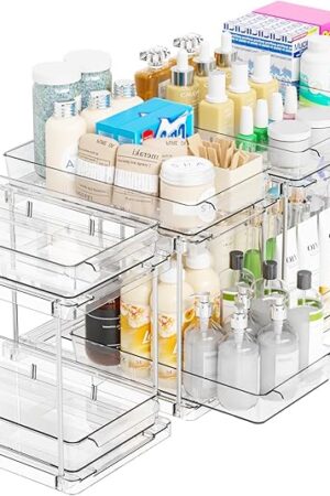 Yieach 4 Pack Under Sink Organizers and Storage,Clear Acrylic Bathroom Organizer and Cabinet Organization for Makeup,Medicine,Two Tier Pull Out Cabinet Organizer Drawers for Pantry,Vanity Storage Bins